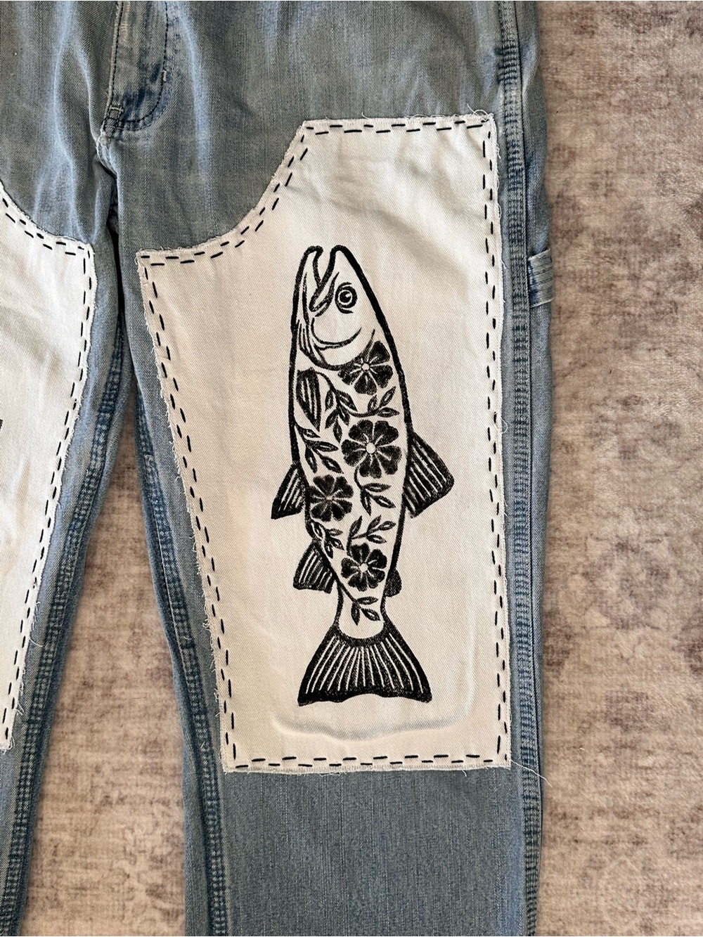 Upcycled Fish Block Print Double Knee Vintage Jeans - Picture 4 of 7